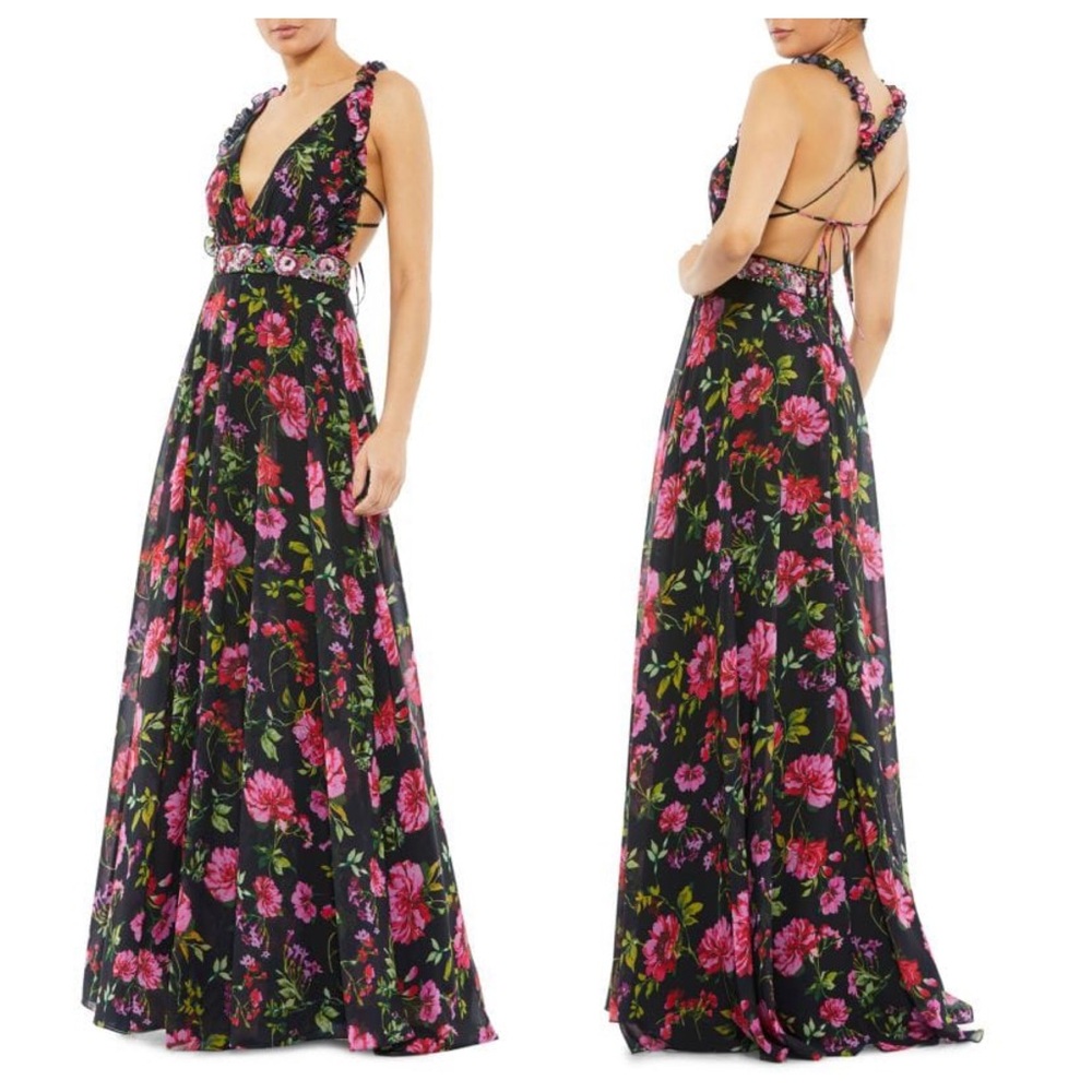 Mac Duggal NWT Embellished Belt Floral Flared Gown Dress Halter Wedding Guest